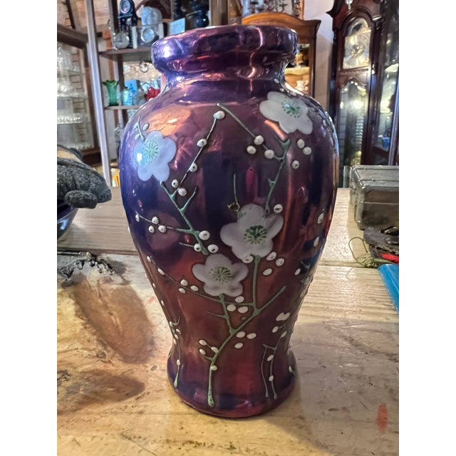 Ceramic 1920s Iridescent Purple Moriage Lusterware Cherry Blossom Vase For Sale - Image 7 of 12