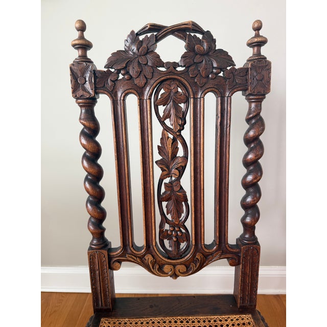 Set of Six Antique Jacobean Revival Carved Oak Barley Twist Rush Seat Dining Chairs, C. 1900 For Sale - Image 9 of 10