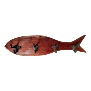 Vintage Rustic Folk Art Wood Fish Coat, Hat Rack For Sale