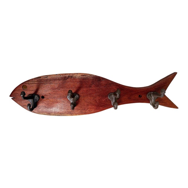 Vintage Rustic Folk Art Wood Fish Coat, Hat Rack For Sale