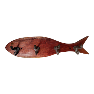 Vintage Rustic Folk Art Wood Fish Coat, Hat Rack