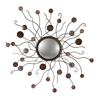 Sculptural Metal Sunburst Mirror With Convex Center For Sale