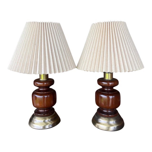 Vintage Mid-Century Modern Robert Abbey Wood and Brass Table Lamps-Set of 2 For Sale