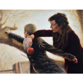 For This From That Will Be Filled by Ken Cunningham | Oil on cradled panel Two figures reaching for objects on a tree branch. For Sale