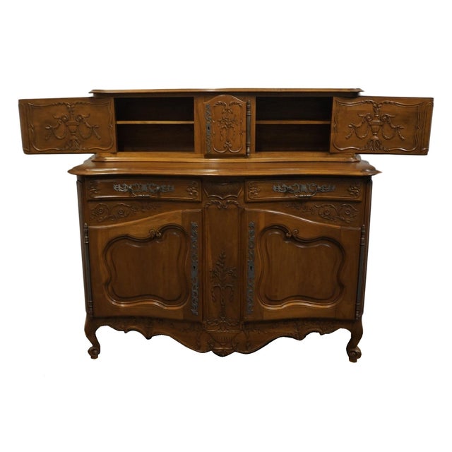 Early 20th Century Vintage Antique Solid Walnut Louis XV French Provincial Style 66" Buffet Cabinet W. Glissant Top For Sale - Image 5 of 12