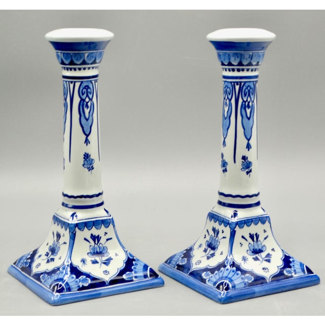 Mid 20th Century Dutch Delft Chinoiserie Candle Holders, a Pair For Sale - Image 5 of 8