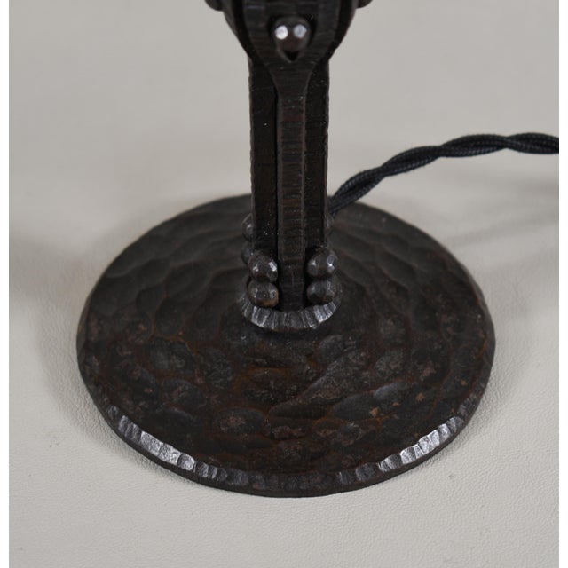 Metal 1920s French Art Deco Daum Table Lamp Yellow Burgundy Mottled Glass Wrought Iron For Sale - Image 7 of 8