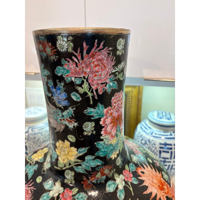 Momumental Vintage Chinese Black Ground Dragon & Floral Porcelain Floor Vase With Gilt Rim For Sale In Miami - Image 6 of 18