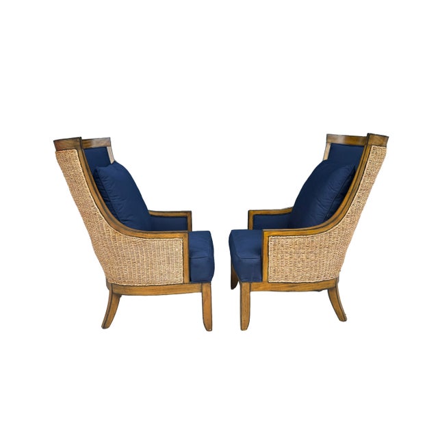 Wood Late 20th Century Pair of Palecek Woven Wingback Lounge Chairs With Navy Cushions For Sale - Image 7 of 11