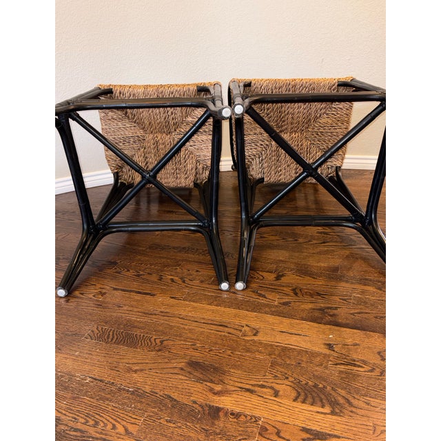 Pair of Hollywood Regency Chinoiserie Black Bamboo Arm Barstools For Sale - Image 11 of 12