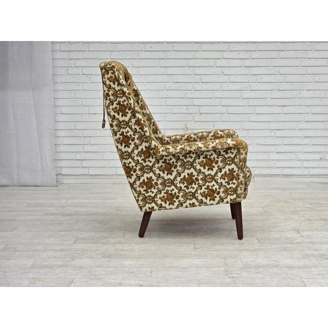 Wood Danish Highback Armchair in Brown/Beige Furniture Fabric and Teak Wood, 1970s For Sale - Image 7 of 17
