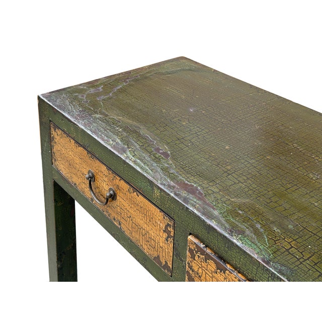 Vintage Rustic Fabric Grass Green Lacquer 3 Drawers Console Table For Sale - Image 10 of 12