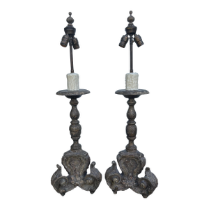 17th Century Pair of Baroque Carved Wood Candlestick Table Lamps