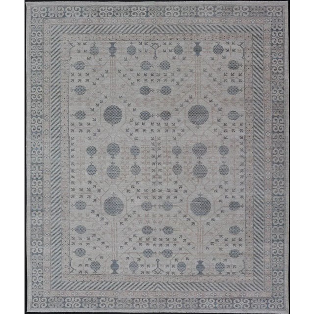 Modern Tribal Khotan Rug in Shades of Cream, Tan, and Light Teal For Sale - Image 13 of 13