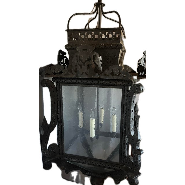 Gothic Antique Gothic Medieval Spanish Revival Pierced Metal Electric Lantern For Sale - Image 3 of 9
