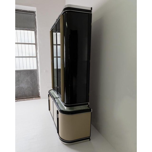 Vintage Art Deco Style Bar Cabinet in Lacquered Wood, Green Marble, Aluminium and Curved Smoked Glass, 1950s For Sale - Image 10 of 17