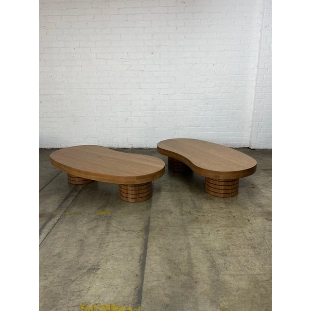 W64 D31 D30 H15.5 Handcrafted free hand coffee tables in solid white oak. These features hand drawn surfaces patterns....
