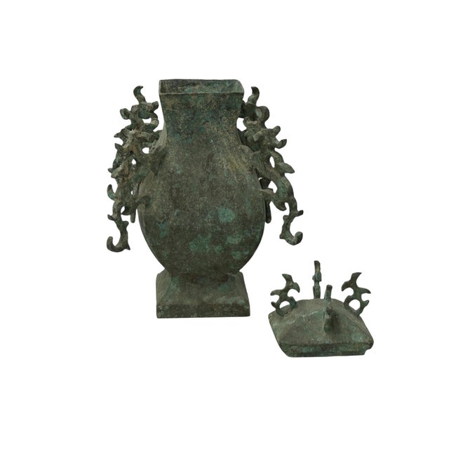 Green Gray Metal Carved Ritual Fengshui Vessel Display Art For Sale - Image 10 of 11