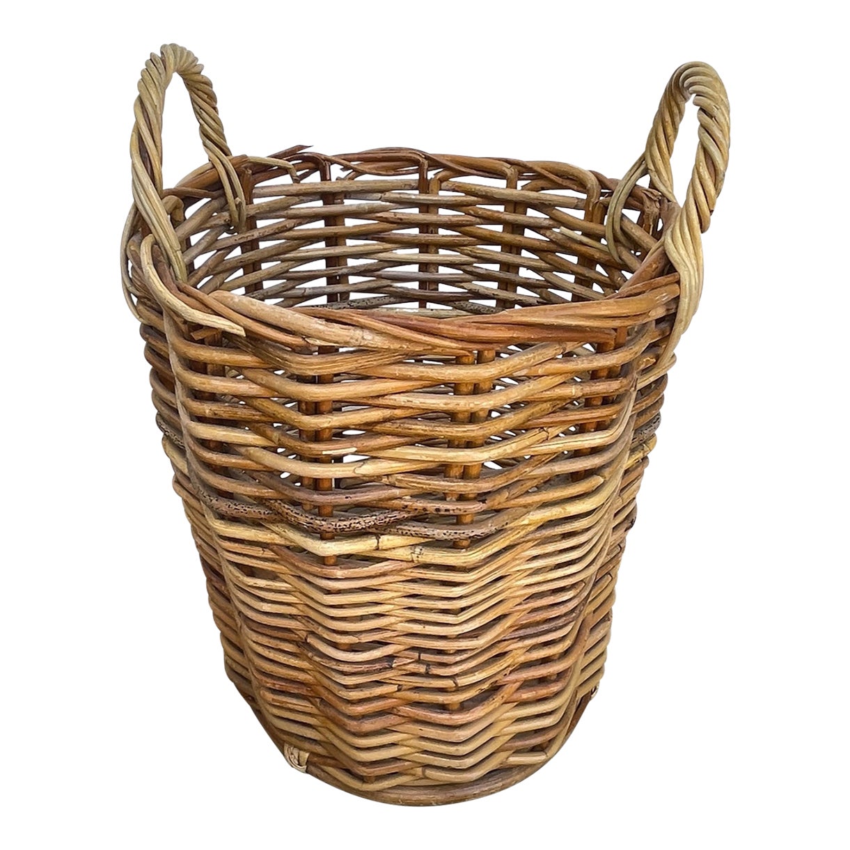 Vintage Rustic European Thick Rattan Wastebasket W/Handles Chairish