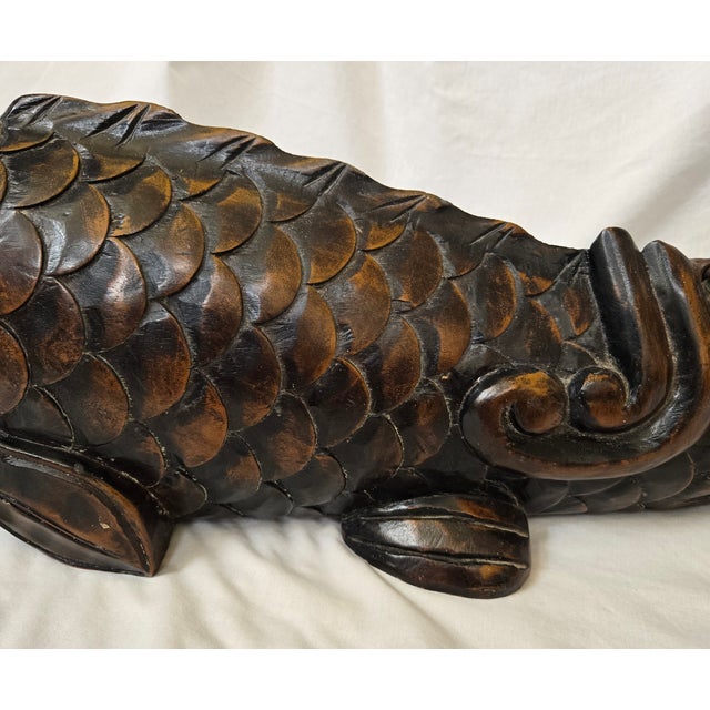 Wood Antique Japanese Carved Wood Koi Fish Jizaikagi Pot Hook Meiji Period For Sale - Image 7 of 18
