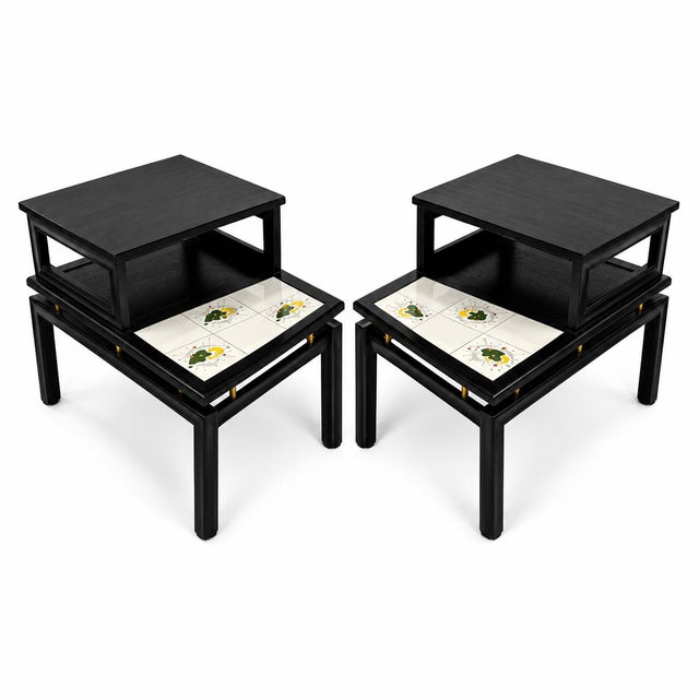 Pair of MCM Ebonized Wood End Tables With “The Tilers” Ceramic Tiles, C. 1960. For Sale - Image 4 of 6