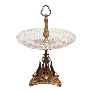 Vintage Castilian Imports Polish Lead Crystal Fruit Stand With Ornate Solid Brass Swan Pedestal For Sale
