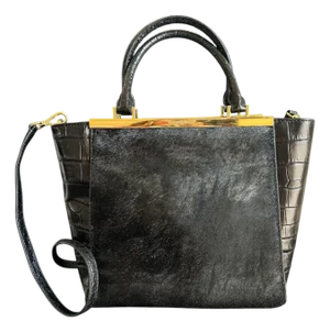 Michael Kors Lana Black Purse Calf Hair Croc Embossed Leather Bag Top Handle