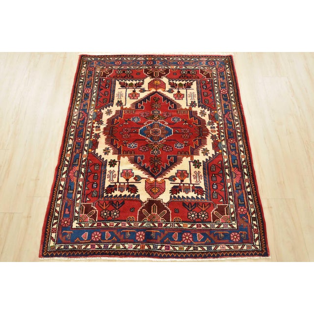 Farmhouse Zanjan Rug 3'10'' X 4'8'' Ivory Wool Vintage Tribal Hand-Knotted Oriental Carpet For Sale - Image 3 of 12