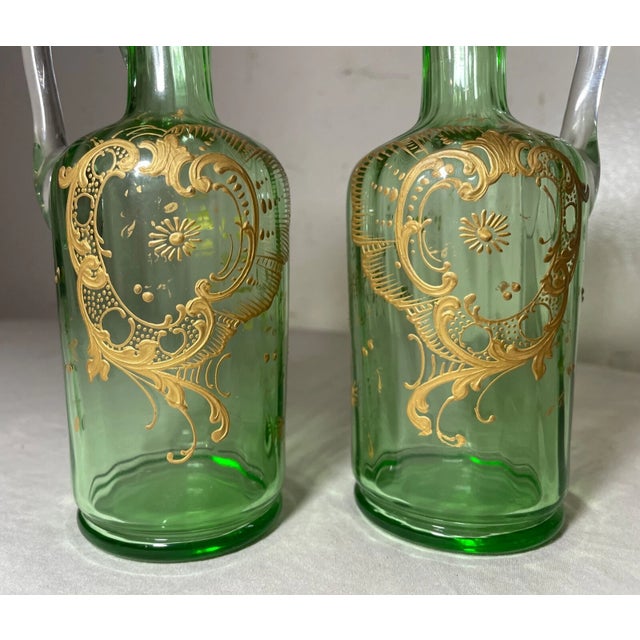 1920s Pair Antique Hand Blown Czech Bohemian Green Gilded Gold Glass Ewer Cruet Vase For Sale - Image 5 of 9