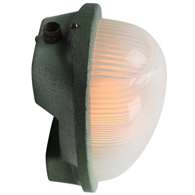 Vintage Industrial French Green Cast Iron & Frosted Cut Glass Wall Light by Holophane, France For Sale - Image 6 of 9