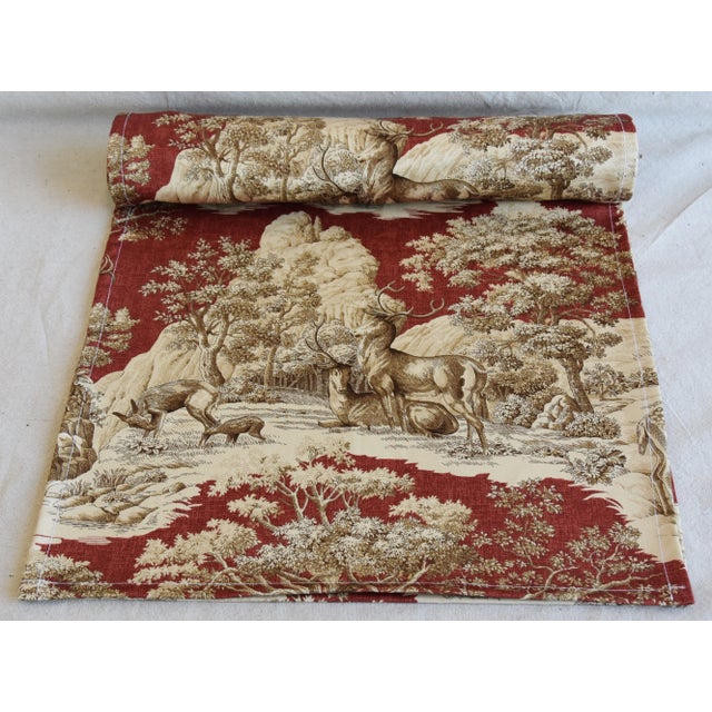 Custom-tailored 110" long table runner created from a vintage/never-used toile fabric depicting a beautiful festive...