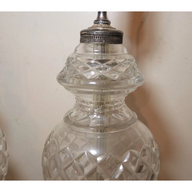 Silver Vintage Pair of 2 Cut Clear Crystal Glass Silver Toned Electric Table Lamps For Sale - Image 8 of 12