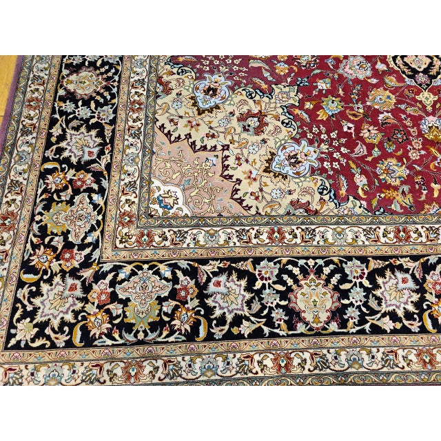 Vintage Persian Tabriz Rug, Hand-Knotted Wool & Silk, Fine Floral Pattern, Burgundy & Navy, 10x13 For Sale - Image 18 of 18