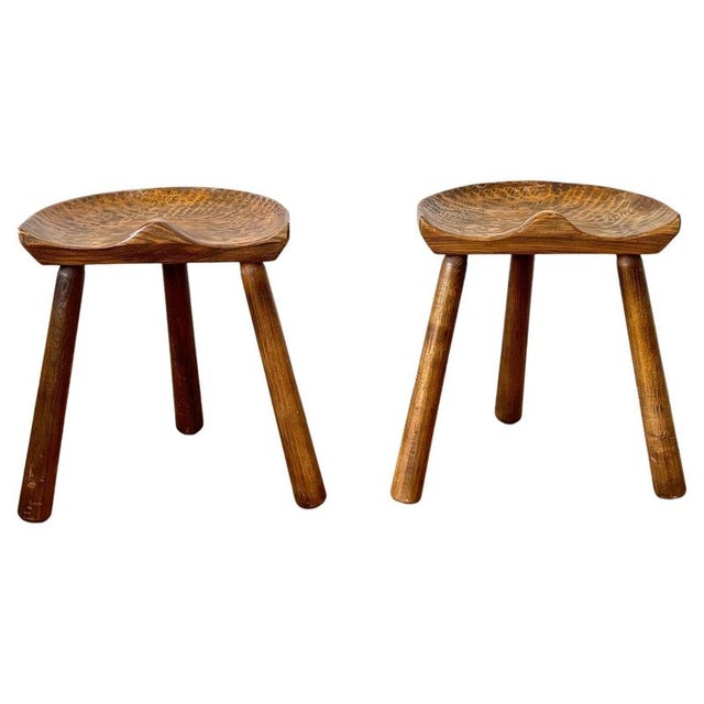 French Brutalist Artisan 3-Legged Stools, 1990s, Set of 2 For Sale - Image 11 of 11