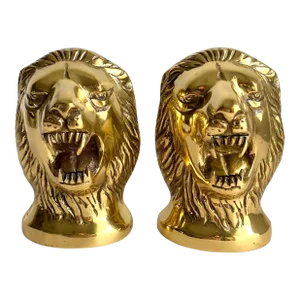 Vintage 1970s Brass Lion Head Bookends a Pair
