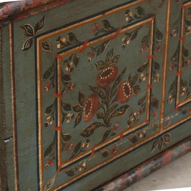 1836 Hungarian Original Hand-Painted Teal Flat Top Pine Trunk For Sale - Image 15 of 18