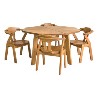 French Octagonal Oak Dining Table with Four Chairs, 1960s For Sale