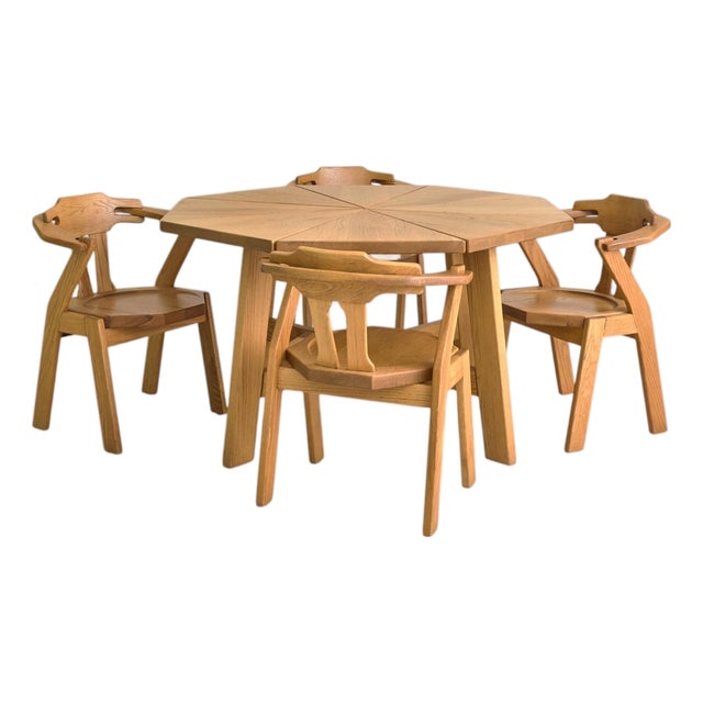French Octagonal Oak Dining Table with Four Chairs, 1960s For Sale