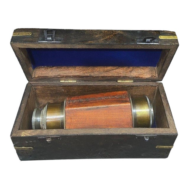 Early 20th Century Hexagonal Telescope With Wooden Case – 18.1" Brass & Wood Spyglass For Sale