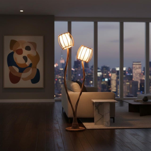 Rattan Floor Lamp Calyx - Handcrafted Natural Pencil Reed Tall Standing Lamp For Sale - Image 9 of 14