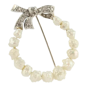 Antique White Gold, Natural Freshwater River Pearl & Diamond Brooch