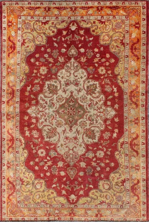 Early 20th Century Antique Turkish Oushak Rug With Floral Medallion and Cornices