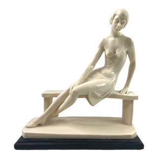 Vintage Art Deco Style A. Santini Sculpture Young Woman on a Bench Marble Resin Art Deco Signed For Sale