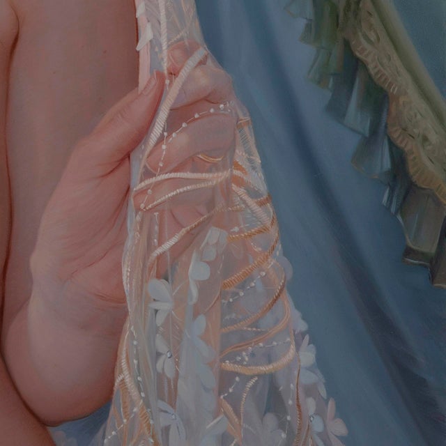 This artwork features a poised figure draped in a delicate, embroidered shawl, standing against a backdrop of flowing...