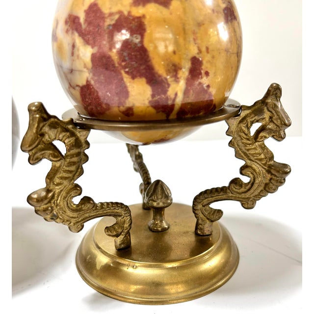Brass Vintage Marble Stone Spheres Balls on Brass Pedestal - Set of 3 For Sale - Image 8 of 10