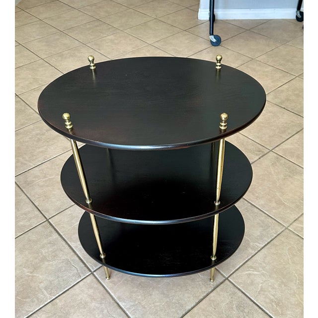 Campaign English Campaign Style Oval Wood & Brass 3-Tier Side Table For Sale - Image 3 of 18