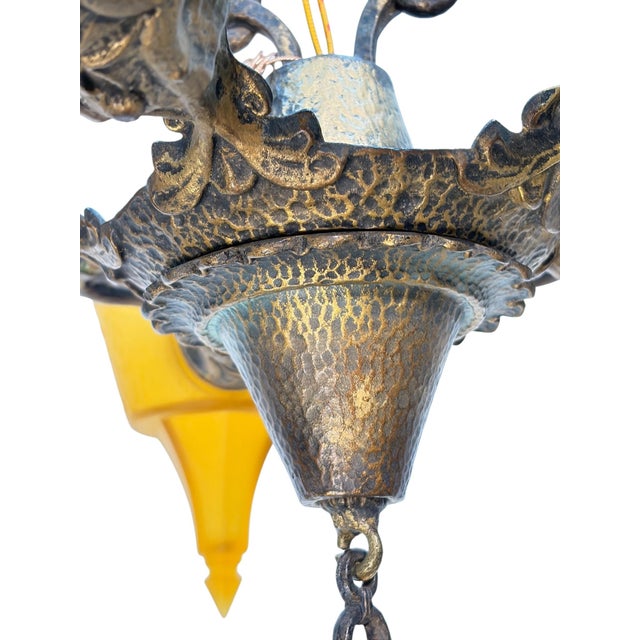 1930s 5 Light Spanish Revival With Amber Orange Glass Shades With Original Finish For Sale - Image 9 of 11