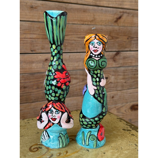 Pair of Whimsical Hand-Painted Ceramic Mermaid Candlestick Holders For Sale - Image 9 of 9