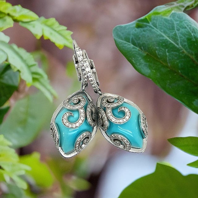 Persian Turquoise Diamond Pendant Earrings 14k WG 26.85 TCW Certified For Sale - Image 15 of 15