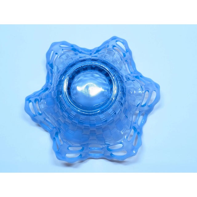 Blue 1930s Fenton Art Glass Basket Weave With Open Edge Blue Opalescent Double Crimped Bowl For Sale - Image 8 of 8
